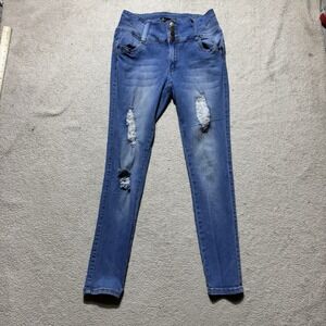Always Friday Jeans Womens 13 Juniors Blue Denim Distressed High Rise Button Fly